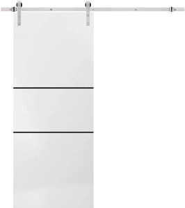 Sturdy Barn Door with Hardware | Planum 0014 White Silk and Aluminum Strips | 6.6FT Rail Hangers Heavy Set | Modern Solid Panel Interior Doors