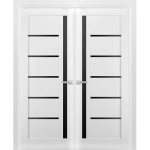 Solid French Double Doors | Quadro 4588 White Silk with Black Glass | Wood Solid Panel Frame Trims | Closet Bedroom Sturdy Doors