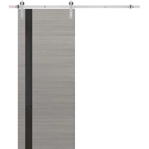 Sturdy Barn Door | Planum 0040 Grey Oak with Black Glass | Silver 6.6FT Rail Hangers Heavy Hardware Set | Solid Panel Interior Doors
