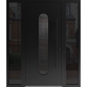 Front Exterior Aluminum Door / Ronex 0521 Black / Prehung Entry Steel Metal Modern Painted W12+36+12"xH80" Right-hand Inswing
