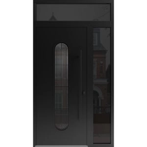 Front Exterior Aluminum Door / Ronex 0521 Black / Prehung Entry Steel Metal Modern Painted W36+12"xH80+12" Right-hand Inswing