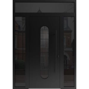 Front Exterior Aluminum Door / Ronex 0521 Black / Prehung Entry Steel Metal Modern Painted W12+36+12"xH80+12" Right-hand Inswing