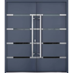 Front Exterior Prehung Steel Double Doors / Deux 1105 Gray Graphite / Stainless Inserts Single Modern Painted-W72" x H80"