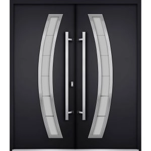 Front Exterior Prehung Steel Double Doors / Deux 6500 Black / Stainless Inserts Single Modern Painted-W72" x H80"
