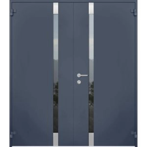 Front Exterior Prehung Steel Double Doors / Cynex 6777 Grey / Stainless Inserts Single Modern Painted-W72" x H80"-Left-hand Outswing