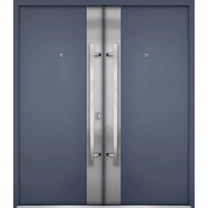 Front Exterior Prehung Steel Double Doors / Deux 0729 Gray Graphite / Stainless Inserts Single Modern Painted-W72" x H80"