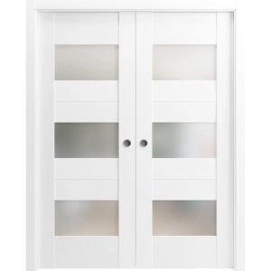 Sliding French Double Pocket Doors 36 x 80 inches Opaque Glass / Sete 6003 White Silk / Kit Rail Hardware / MDF Interior Bedroom Modern Doors