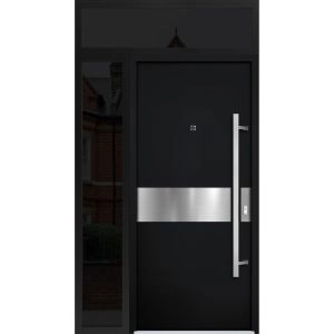 Front Exterior Prehung Steel Door / Deux 6072 Black Enamel / Sidelight and Transom Window Sidelite / Entry Metal Modern Painted W36+16" x H80+16" Left hand Inswing