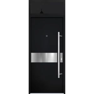 Front Exterior Prehung Steel Door / Deux 6072 Black Enamel / Transom Window Sidelite / Entry Metal Modern Painted W36" x H80+16" Left hand Inswing