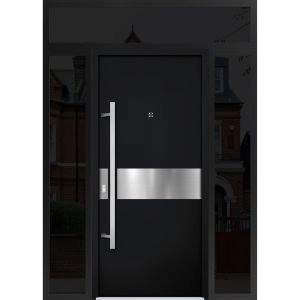 Front Exterior Prehung Steel Door / Deux 6072 Black Enamel / 2 Sidelight and Transom Window Sidelite / Entry Metal Modern Painted W14+36+14" x H80+16" Right hand Inswing