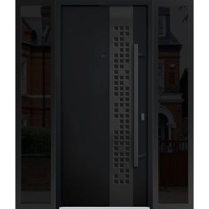 Front Exterior Prehung Steel Door / Deux 6078 Black Enamel / 2 Sidelight Exterior Windows Sidelites/ Entry Metal Modern Painted W12+36+12" x H80" Left hand Inswing