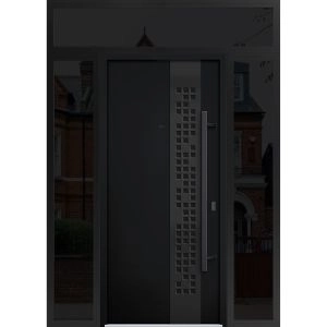 Front Exterior Prehung Steel Door / Deux 6078 Black Enamel / 2 Sidelight and Transom Window Sidelite / Entry Metal Modern Painted W12+36+12" x H80+16" Left hand Inswing