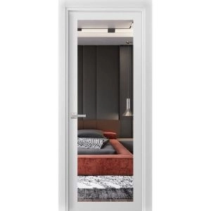 Solid Interior French | Lucia 1299 White Silk with Mirror | Single Regular Panel Frame Trims Handle | Bathroom Bedroom Sturdy Doors