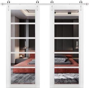 Sturdy Double Barn Door | Quadro 4522 White Silk with Clear Glass | Silver 13FT Rail Hangers Heavy Set | Solid Panel Interior Doors