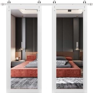 Sturdy Double Barn Door | Lucia 1299 White Silk with Mirror | 13FT Silver Rail Hangers Heavy Set | Solid Panel Interior Doors