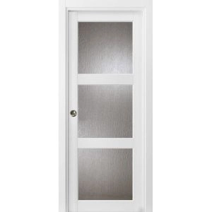 Sliding French Pocket Door with | Lucia 2588 White Silk with Rain Glass | Kit Trims Rail Hardware | Solid Wood Interior Bedroom Sturdy Doors -18" x 84"-Rain Glass