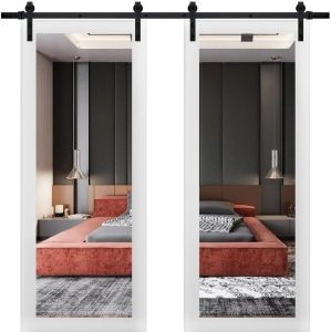 Planum 2102 Interior Modern Closet Double Barn Doors White Silk with Black Hardware Rails 13FT