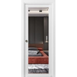 Sliding French Pocket Door with | Lucia 1299 White Silk with Mirror | Kit Trims Rail Hardware | Solid Wood Interior Bedroom Sturdy Doors-36" x 96"