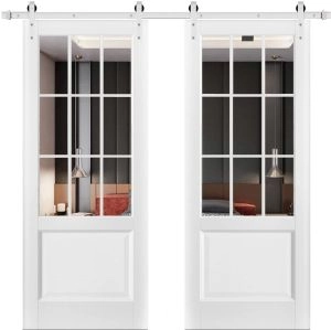 Sturdy Double Barn Door with | Felicia 3599 White Silk with Clear Glass | Silver 13FT Rail Hangers Heavy Set | Solid Panel Interior Doors