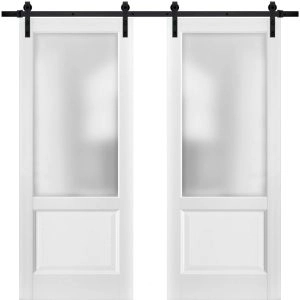 Sturdy Double Barn Door with | Lucia 22 White Silk with Frosted Glass | 13FT Rail Hangers Heavy Set | Solid Panel Interior Doors