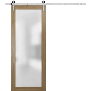 Sturdy Barn Door Frosted Glass with Hardware | Planum 2102 Honey Ash | 6.6FT Rail Hangers Heavy Set | Modern Solid Panel Interior Doors -18" x 84"