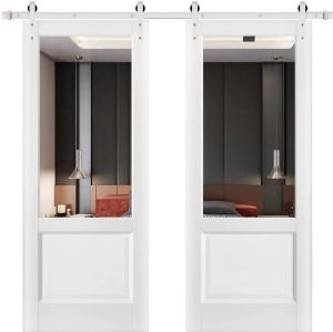Sturdy Double Barn Door with | Lucia 1533 White Silk with Clear Glass | 13FT Rail Hangers Heavy Set | Solid Panel Interior Doors