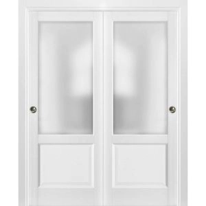 Sliding Closet Bypass Doors | Lucia 22 White Silk with Frosted Glass | Sturdy Rails Moldings Trims Hardware Set | Wood Solid Bedroom Wardrobe Doors 