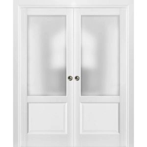 Sliding French Double Pocket Doors | Lucia 22 White Silk with Clear Glass | Kit Trims Rail Hardware | Solid Wood Interior Bedroom Sturdy Doors