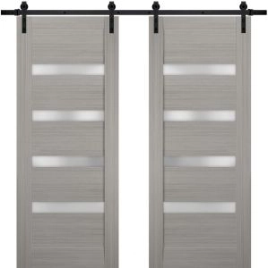 Sturdy Double Barn Door with | Quadro 4113 Ginger Ash with Frosted Glass | Black 13FT Rail Hangers Heavy Set | Solid Panel Interior Doors