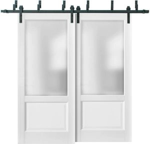 Sliding Closet Barn Bypass Doors | Lucia 22 White Silk with Frosted Glass | Sturdy 6.6ft Rails Hardware Set | Wood Solid Bedroom Wardrobe Doors 