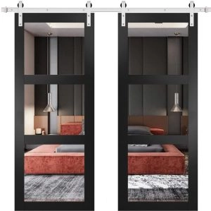 Sturdy Double Barn Door with | Lucia 2555 Matte Black with Clear Glass | 13FT Rail Hangers Heavy Set | Solid Panel Interior Doors