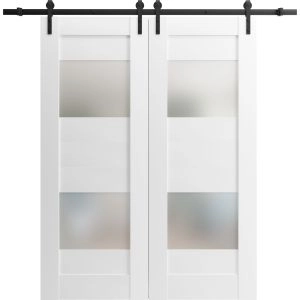 Modern Double Barn Door with 2 Lites / Sete 6222 / 13FT Rail Track Set / Solid Panel Interior Doors-36" x 80"