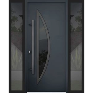 Front Exterior Prehung Steel Door / Deux 6501 Anthracite / 2 Sidelight Exterior Windows / Stainless Inserts Single Modern Painted-W12+36+12" x H80"-Right-hand Inswing