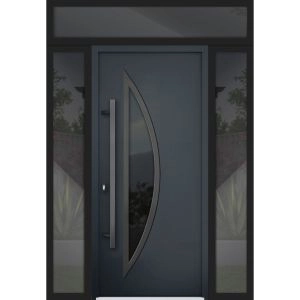 Front Exterior Prehung Steel Door / Deux 6501 Anthracite / 2 Sidelight and Transom Window / Stainless Inserts Single Modern Painted-W12+36+12" x H80+16"-Right-hand Inswing