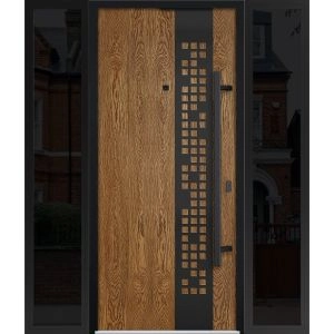 Front Exterior Prehung Steel Door / Deux 6678 Natural Oak / 2 Sidelight Exterior Windows Sidelites/ Entry Metal Modern Painted W12+36+12" x H80" Left hand Inswing