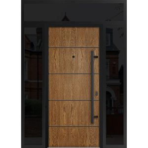 Front Exterior Prehung Steel Door / Deux 6683 Natural Oak / 2 Sidelight and Transom Window Sidelite / Entry Metal Modern Painted W12+36+12" x H80+16" Left hand Inswing