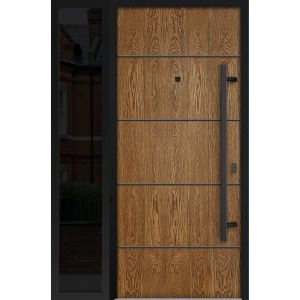 Front Exterior Prehung Steel Door / Deux 6683 Natural Oak / Sidelight Exterior Window Sidelite / Entry Metal Modern Painted W36+12" x H80" Left hand Inswing