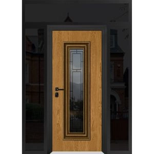 Front Exterior Prehung Steel Door / Ballucio 6644 Natural Oak / Black 2 Side and Top Exterior Window Sidelite / Entry Metal Modern Painted W16+36+16" x H80+16" Right hand Inswing