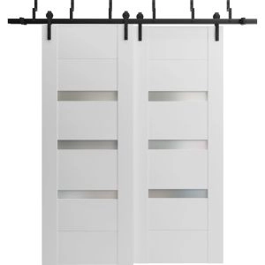 Sliding Closet Opaque Glass Barn Bypass Doors 36 x 80 inches / Sete 6900 White Silk / Modern 6.6ft Rails Hardware Set / Wood Solid Bedroom Wardrobe Doors 