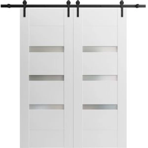 Modern Double Barn Door with 2 Lites / Sete 6900 / 13FT Rail Track Set / Solid Panel Interior Doors-36" x 80"