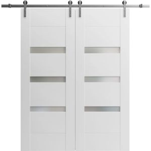 Modern Double Barn Door with 2 Lites / Sete 6900 / 13FT Rail Track Set / Solid Panel Interior Doors-36" x 80"