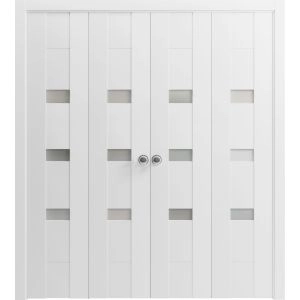 Sliding Closet Double Bi-fold Doors | Sete 6900 White Silk | Sturdy Tracks Moldings Trims Hardware Set | Wood Solid Bedroom Wardrobe Doors 