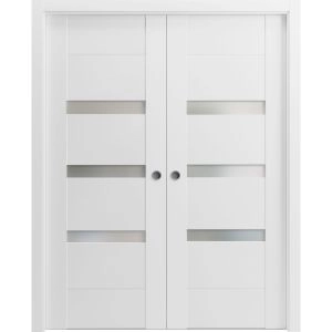 Sliding French Double Pocket Doors 36 x 80 inches Opaque Glass / Sete 6900 White Silk / Kit Rail Hardware / MDF Interior Bedroom Modern Doors
