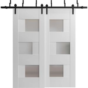 Sliding Closet Opaque Glass Barn Bypass Doors 36 x 80 inches / Sete 6933 White Silk / Modern 6.6ft Rails Hardware Set / Wood Solid Bedroom Wardrobe Doors 