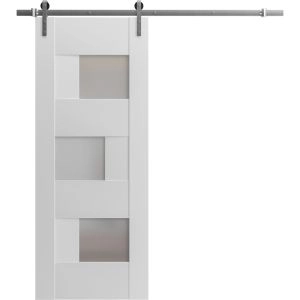 Modern Barn Door Opaque Glass / Sete 6933 White Silk / 6.6FT Rail Track Heavy Hardware Set / Solid Panel Interior Doors-18" x 80"