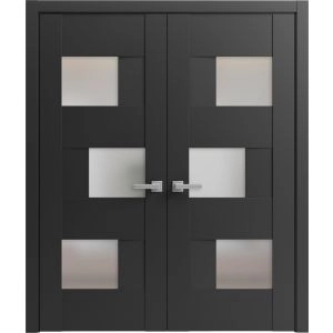 Solid French Double Doors Frosted Glass | Sete 6933 Matte Black | Wood Solid Panel Frame Trims | Closet Bedroom Sturdy Doors -36" x 80" (2* 18x80)