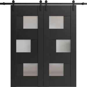 Sturdy Double Barn Door with Frosted Glass | Sete 6933 Matte Black | 13FT Rail Hangers Heavy Set | Solid Panel Interior Doors-36" x 80" (2* 18x80)