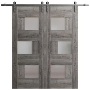 Sturdy Double Barn Door with Frosted Glass | Sete 6933 Nebraska Grey | 13FT Rail Hangers Heavy Set | Solid Panel Interior Doors-36" x 80" (2* 18x80)