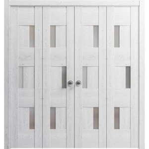 Sliding Closet Double Bi-fold Doors | Sete 6933 Nordic White with Frosted Glass | Sturdy Tracks Moldings Trims Hardware Set | Wood Solid Bedroom Wardrobe Doors 