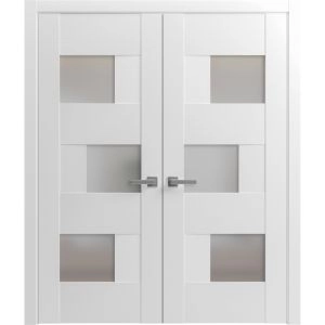 Solid French Double Doors Opaque Glass / Sete 6933 White Silk / Wood Solid Panel Frame / Closet Bedroom Modern Doors -36" x 80"